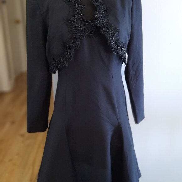 Vintage Two-Piece Black Dress and Beaded Bolero Set Shoulder Pads 80s Prom Fancy - Picture 7 of 7